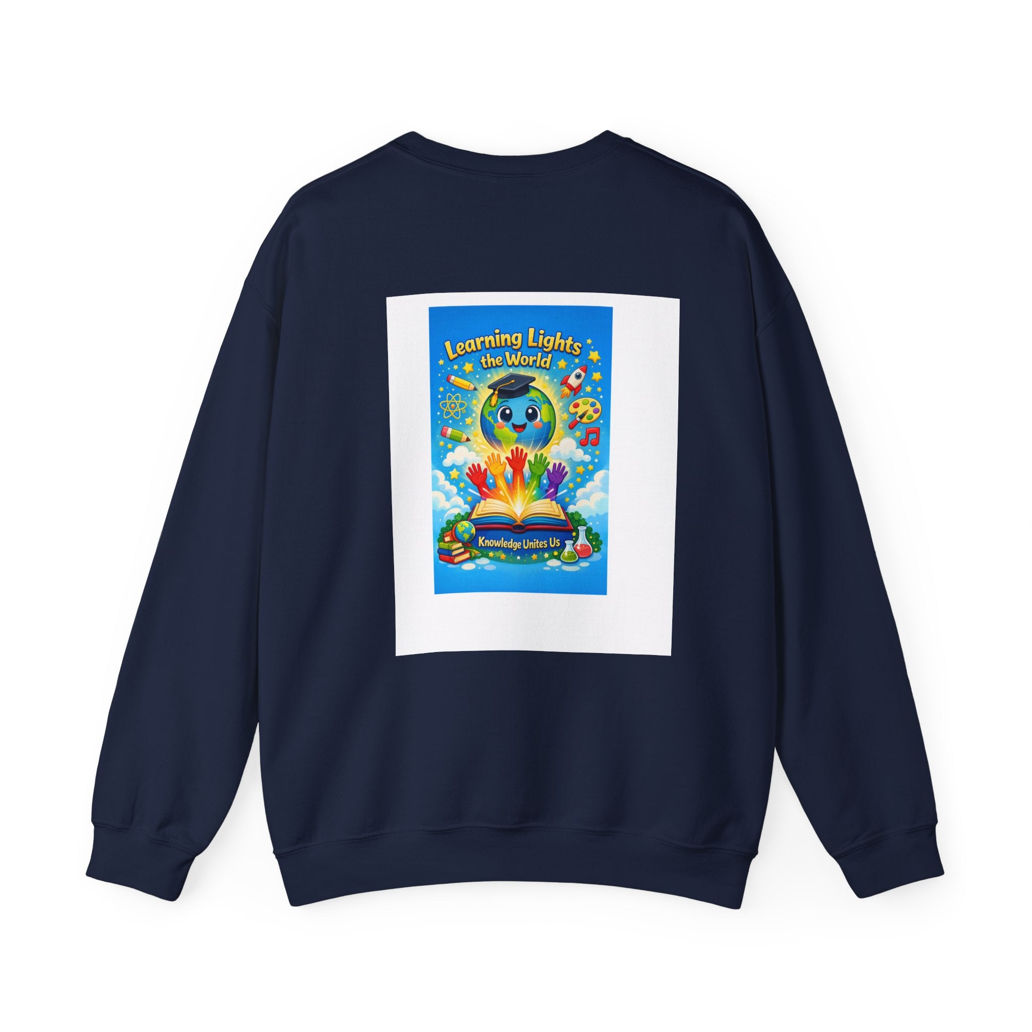 Crewneck Sweatshirt — "Learning Lights the World" Cute Graduation Earth Character Kids Educator Gift