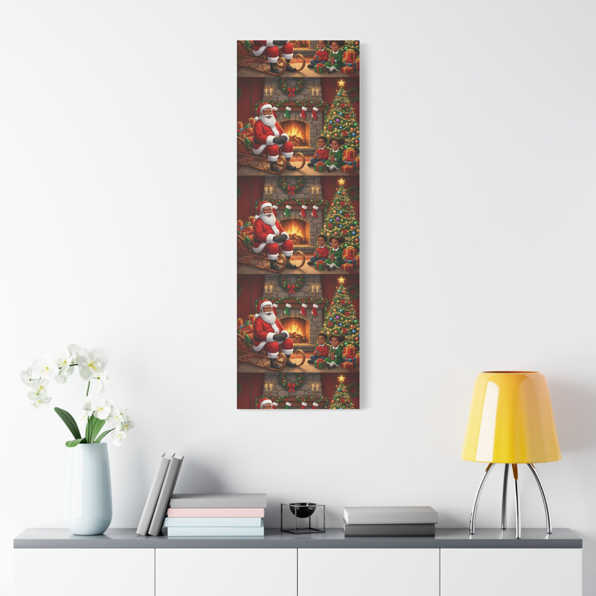 Christmas Santa Visit Canvas — Kids by the Fireplace Holiday Wall Art