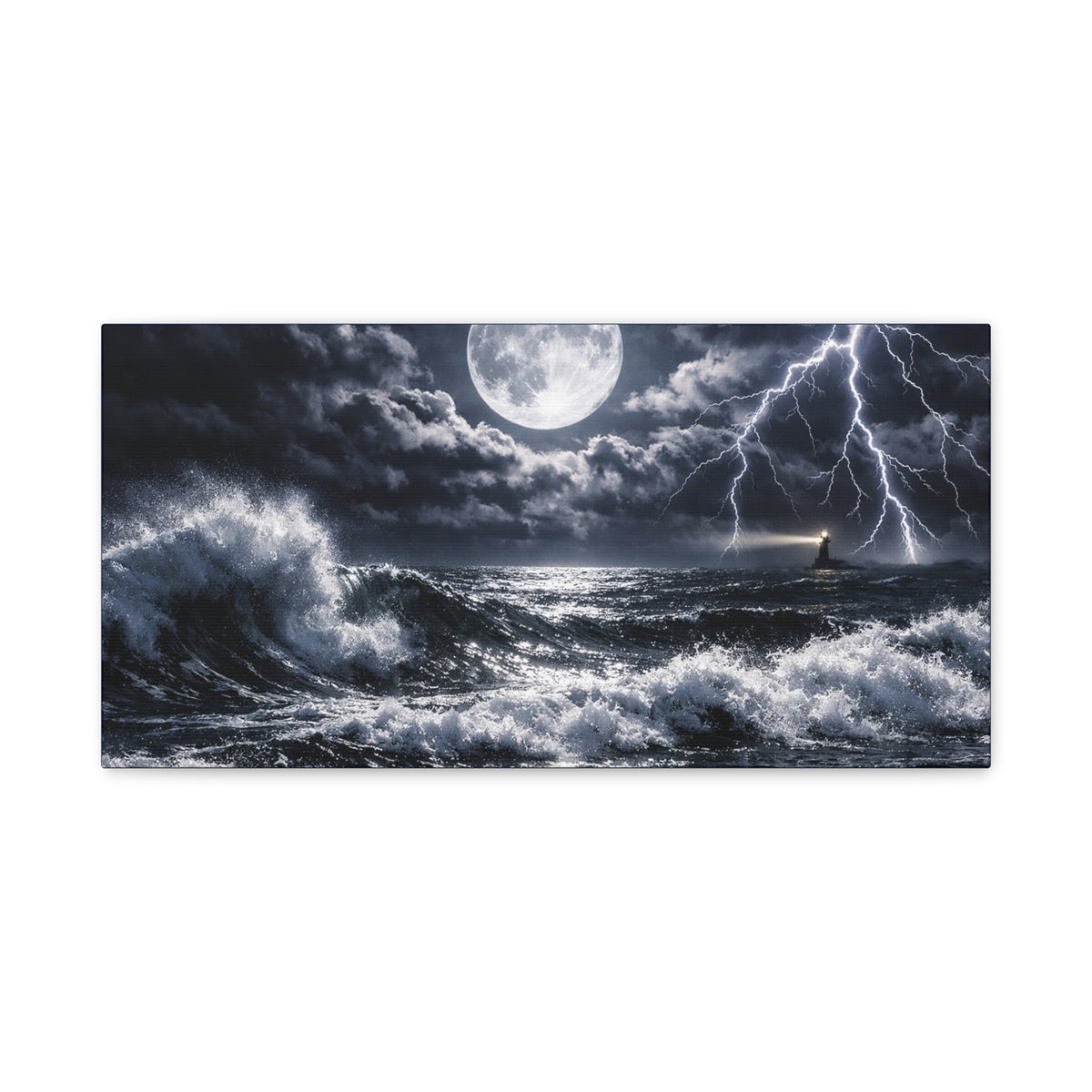 Stormy Moonlit Ocean Canvas Print — Dramatic Lighthouse Wall Art