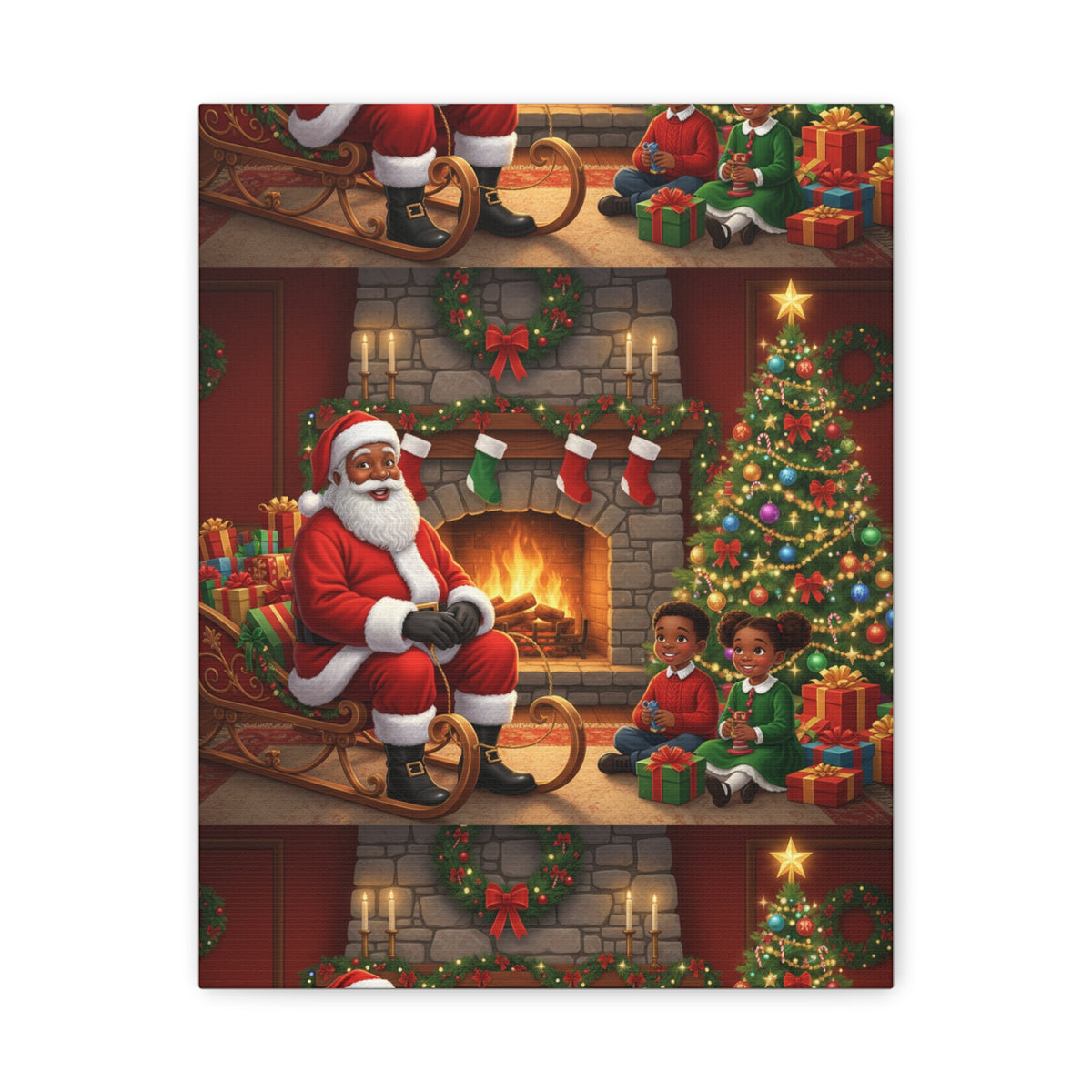 Christmas Santa Visit Canvas — Kids by the Fireplace Holiday Wall Art
