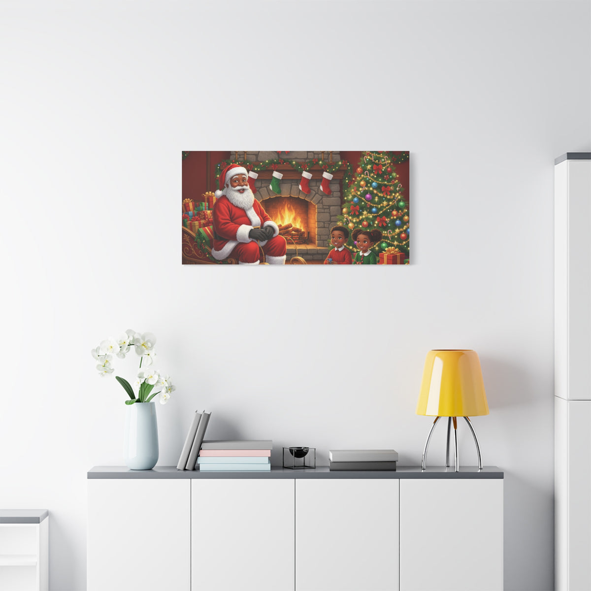 Christmas Santa Visit Canvas — Kids by the Fireplace Holiday Wall Art