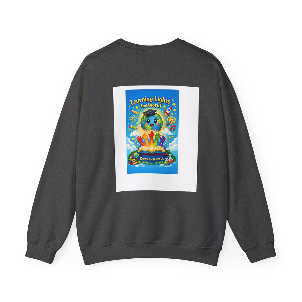Crewneck Sweatshirt — "Learning Lights the World" Cute Graduation Earth Character Kids Educator Gift