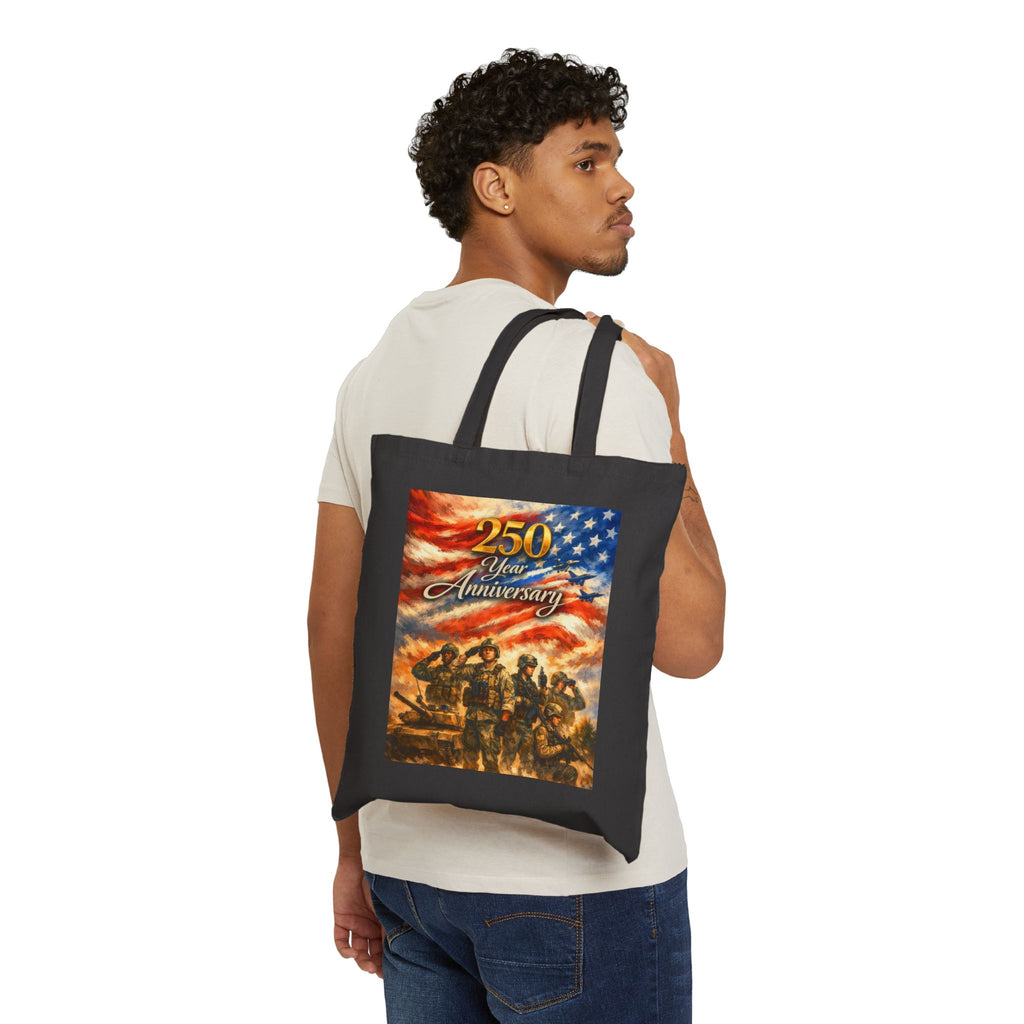 250th Anniversary Patriotic Tote Bag — American Flag & Revolutionary Soldiers Canvas Tote