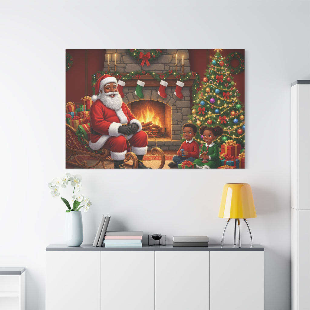 Christmas Santa Visit Canvas — Kids by the Fireplace Holiday Wall Art