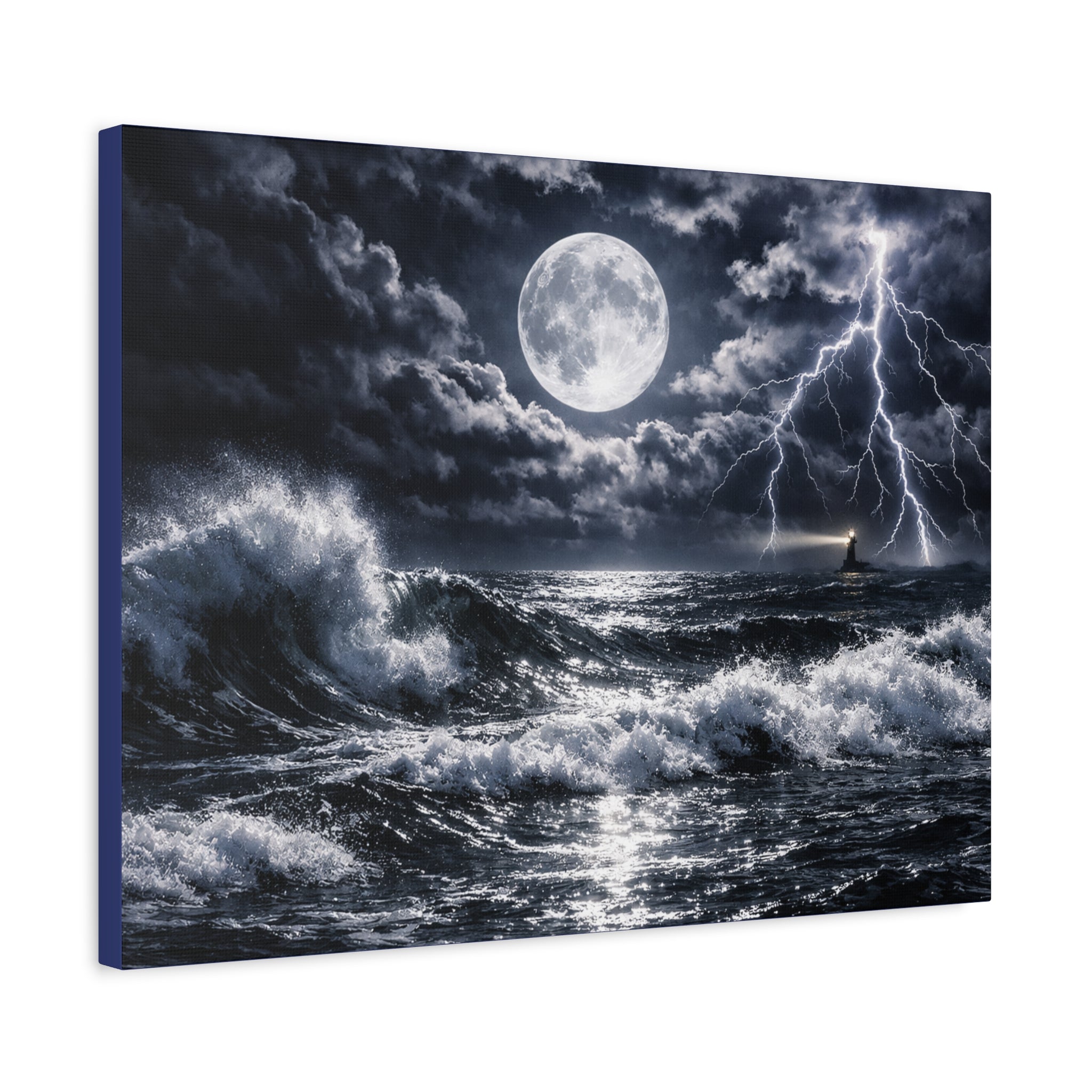 Stormy Moonlit Ocean Canvas Print — Dramatic Lighthouse Wall Art