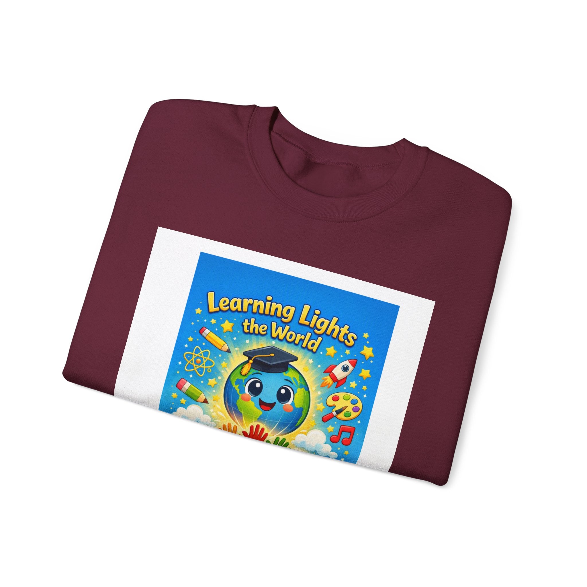 Crewneck Sweatshirt — "Learning Lights the World" Cute Graduation Earth Character Kids Educator Gift