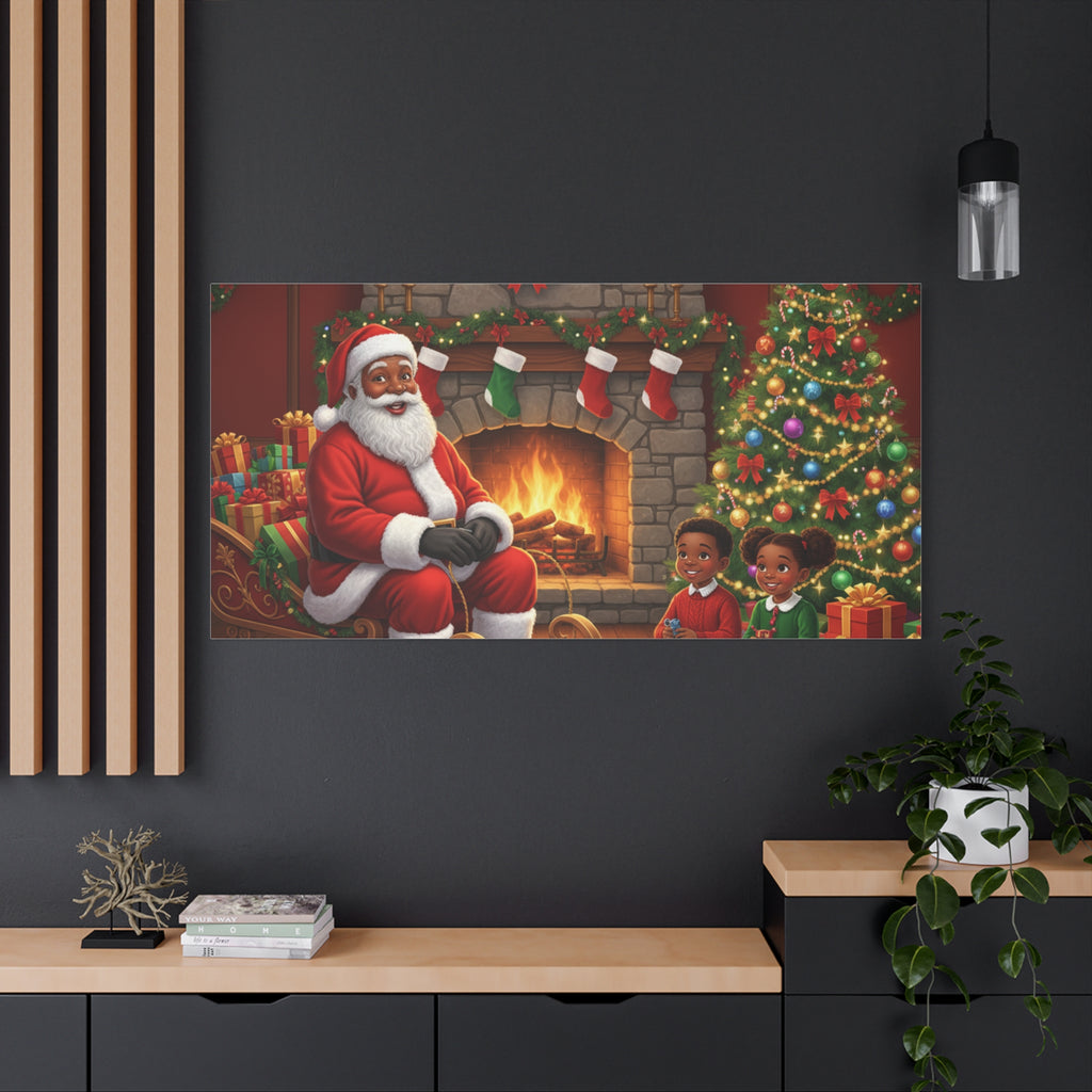 Christmas Santa Visit Canvas — Kids by the Fireplace Holiday Wall Art