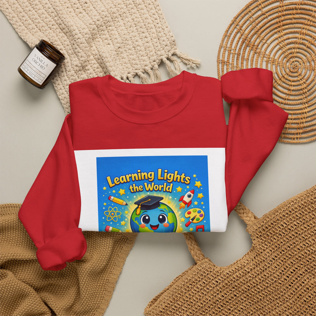 Crewneck Sweatshirt — "Learning Lights the World" Cute Graduation Earth Character Kids Educator Gift