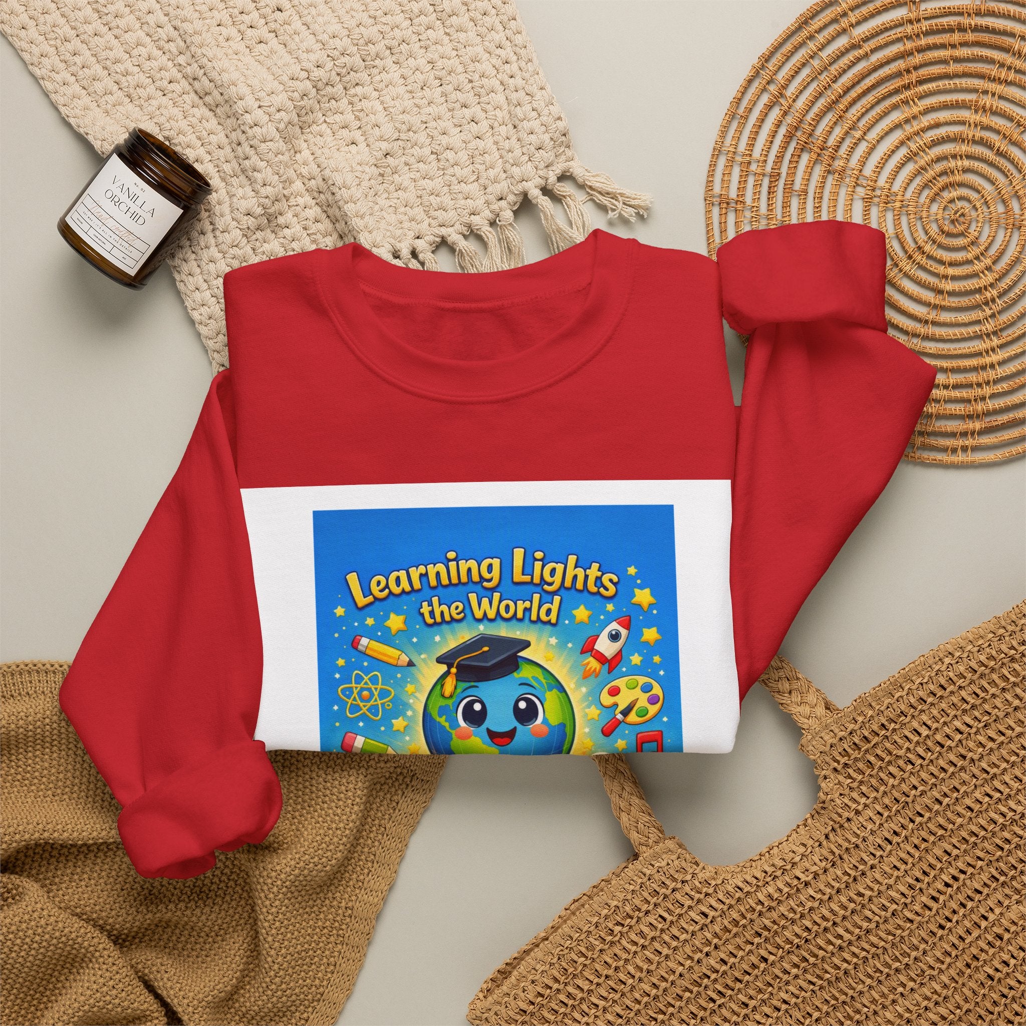 Crewneck Sweatshirt — "Learning Lights the World" Cute Graduation Earth Character Kids Educator Gift