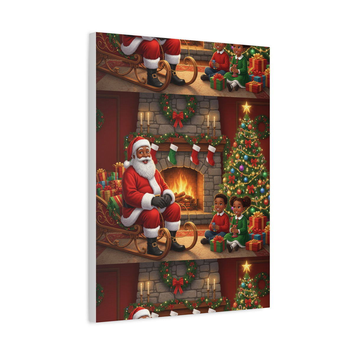 Christmas Santa Visit Canvas — Kids by the Fireplace Holiday Wall Art