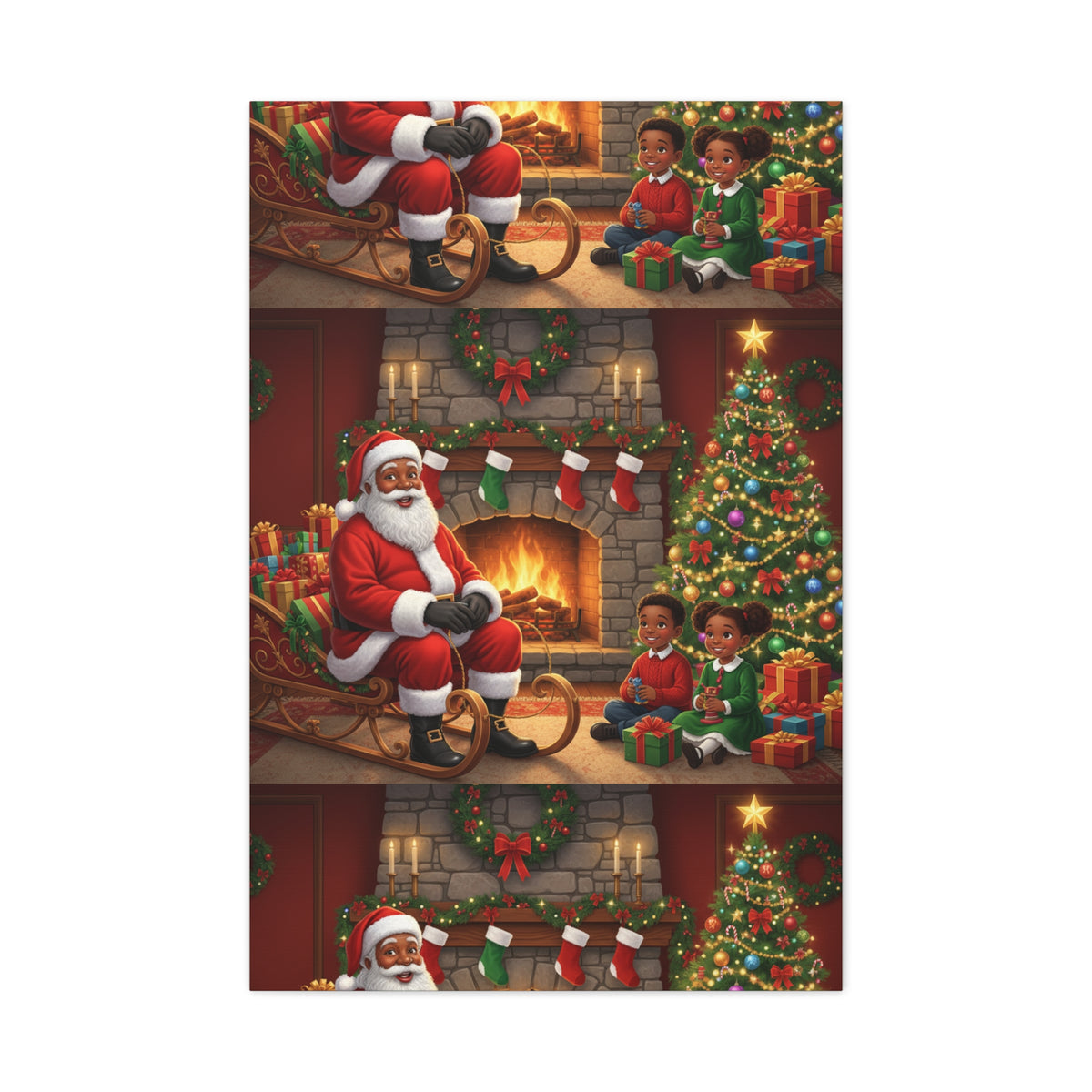 Christmas Santa Visit Canvas — Kids by the Fireplace Holiday Wall Art
