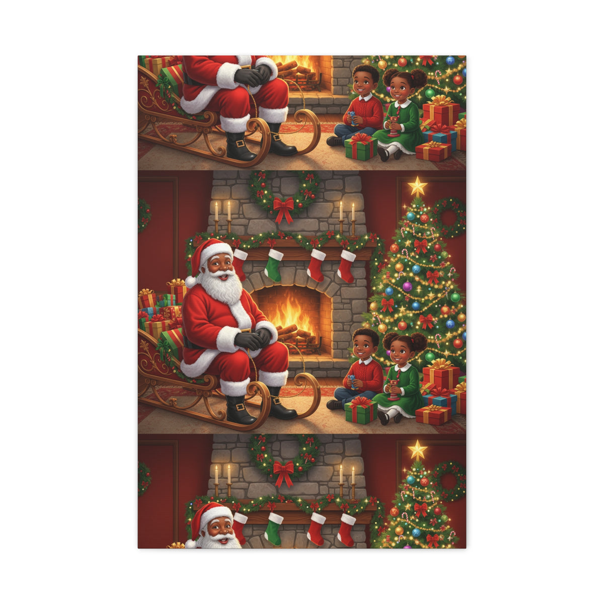 Christmas Santa Visit Canvas — Kids by the Fireplace Holiday Wall Art