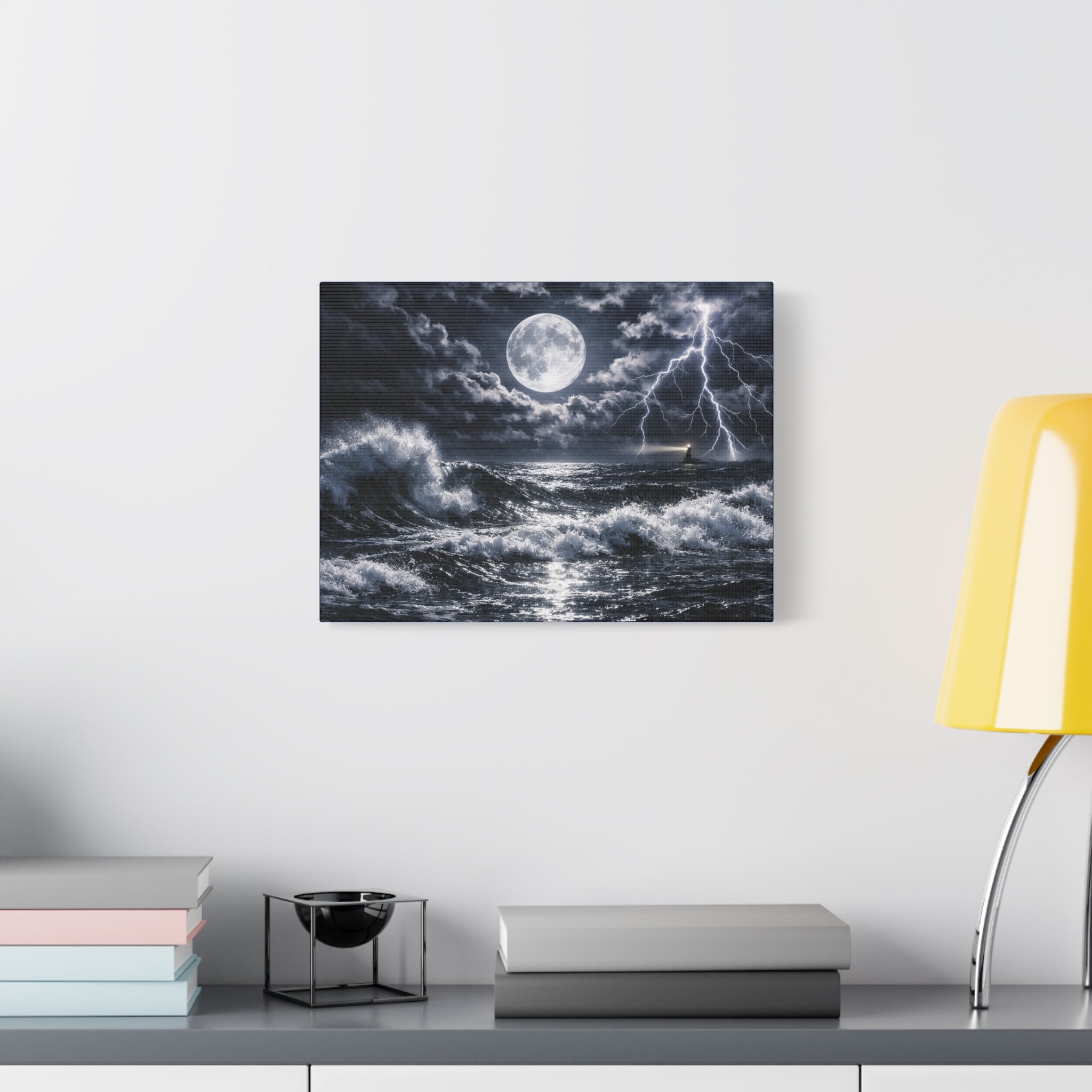Stormy Moonlit Ocean Canvas Print — Dramatic Lighthouse Wall Art