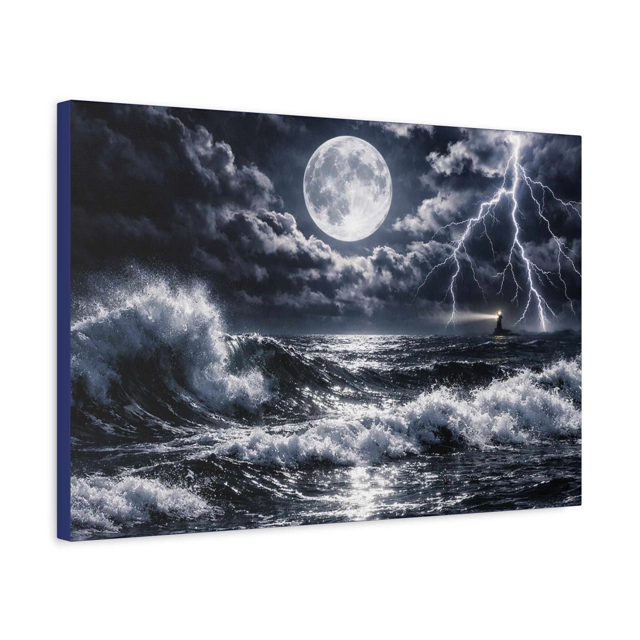 Stormy Moonlit Ocean Canvas Print — Dramatic Lighthouse Wall Art