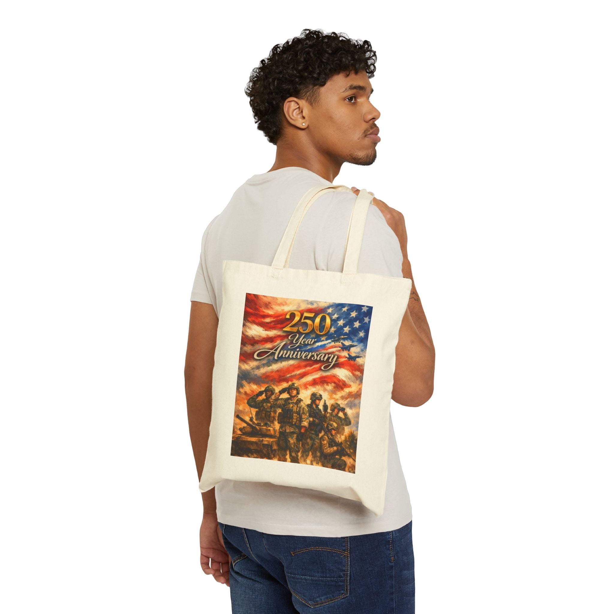 250th Anniversary Patriotic Tote Bag — American Flag & Revolutionary Soldiers Canvas Tote