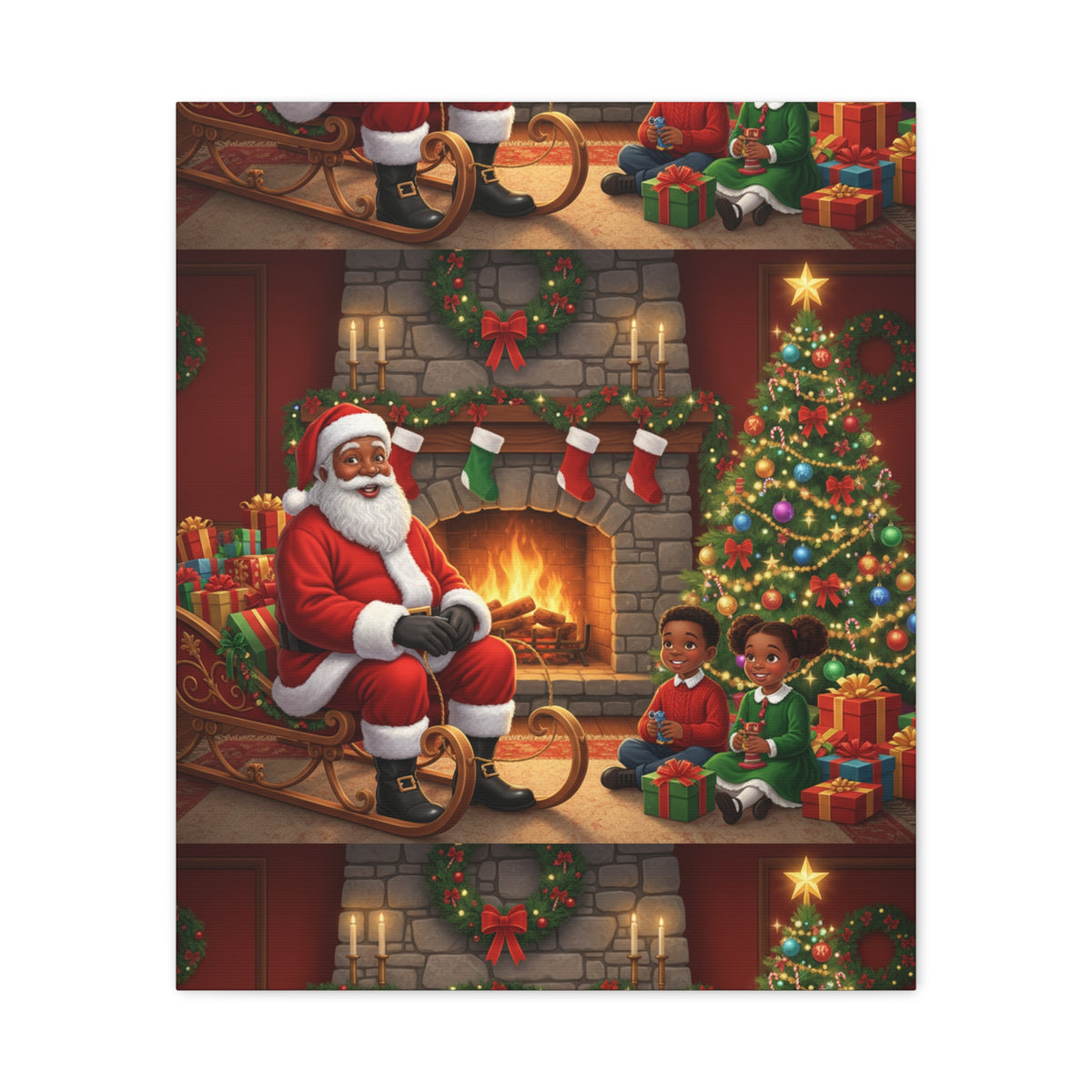 Christmas Santa Visit Canvas — Kids by the Fireplace Holiday Wall Art