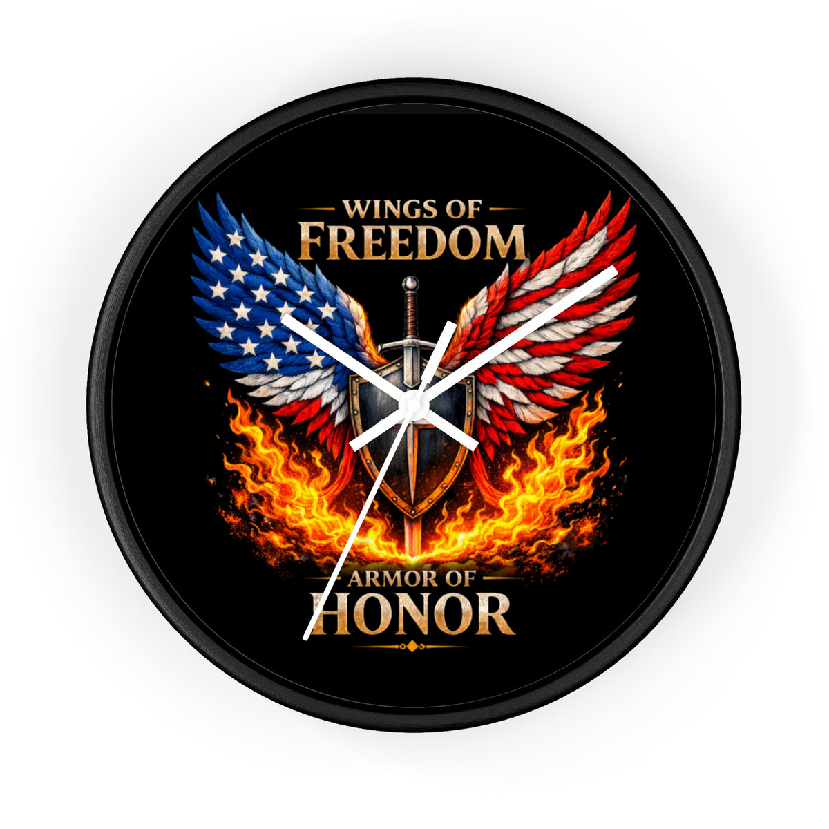 Wall Clock — Wings of Freedom Armor of Honor Patriotic American Eagle Flame Clock