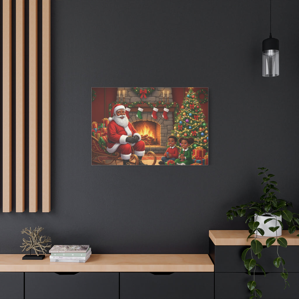 Christmas Santa Visit Canvas — Kids by the Fireplace Holiday Wall Art