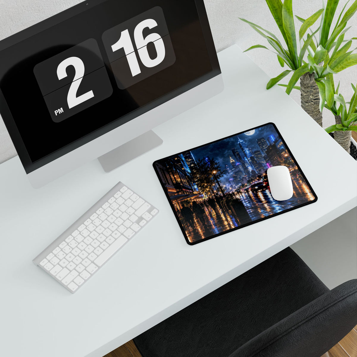 City Nightscape Desk Mat — Rainy Neon Skyline Large Mousepad