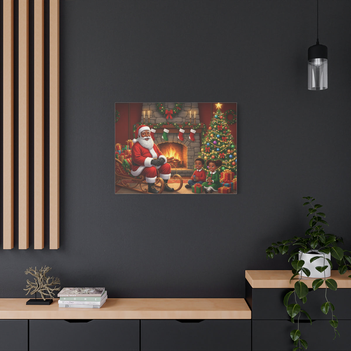 Christmas Santa Visit Canvas — Kids by the Fireplace Holiday Wall Art