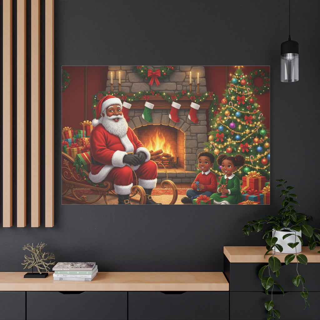 Christmas Santa Visit Canvas — Kids by the Fireplace Holiday Wall Art