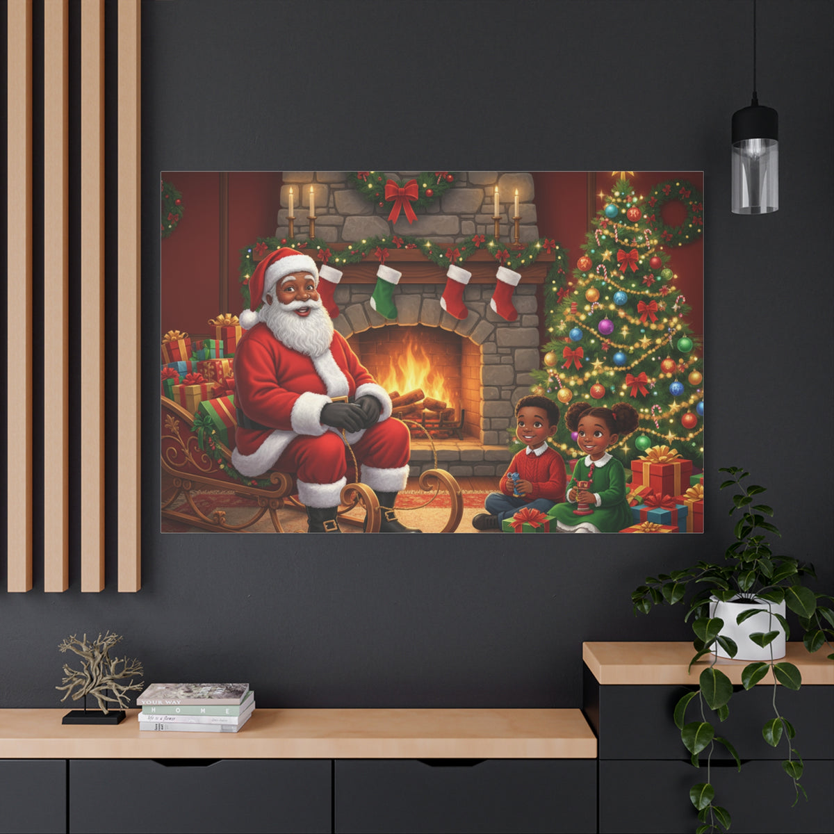 Christmas Santa Visit Canvas — Kids by the Fireplace Holiday Wall Art