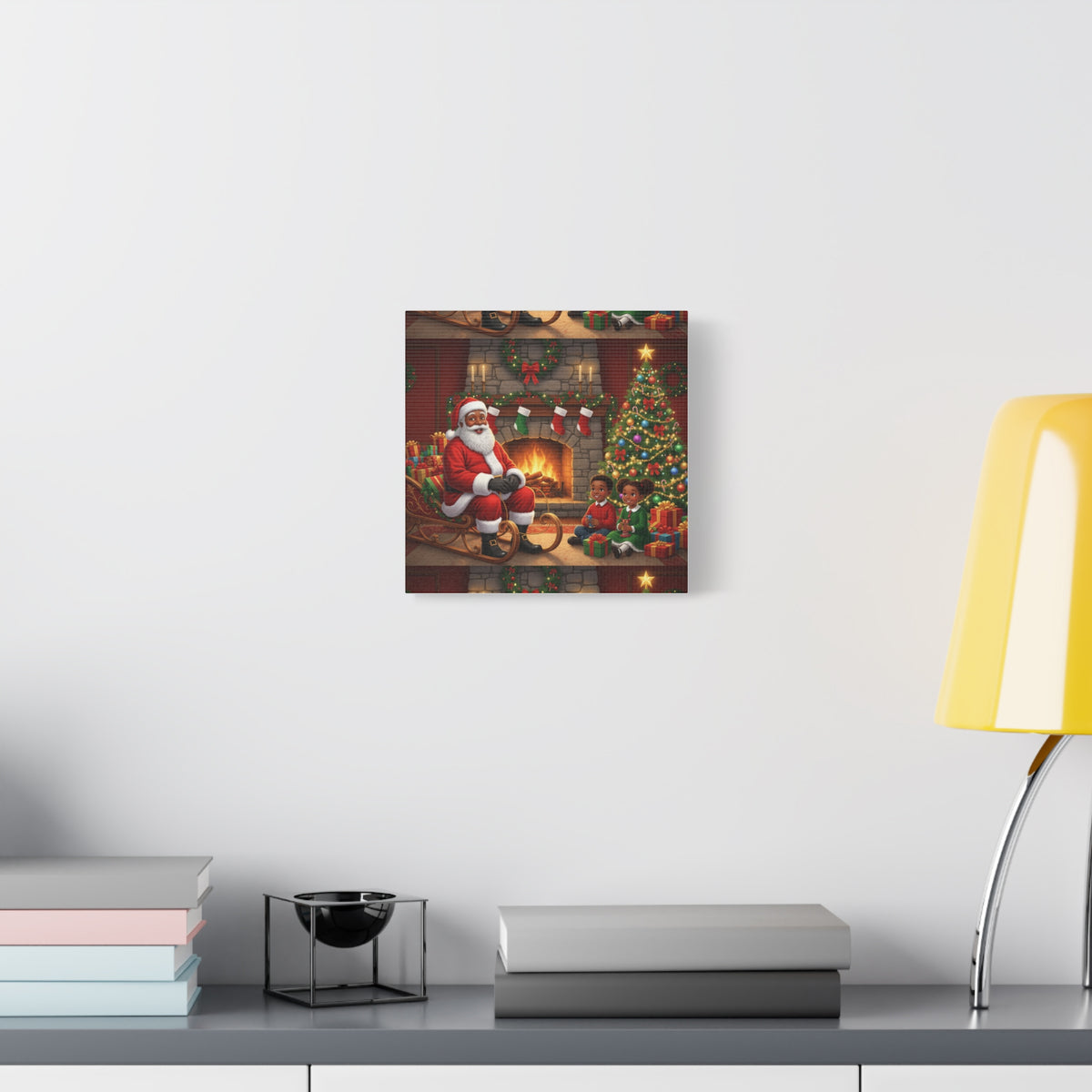 Christmas Santa Visit Canvas — Kids by the Fireplace Holiday Wall Art