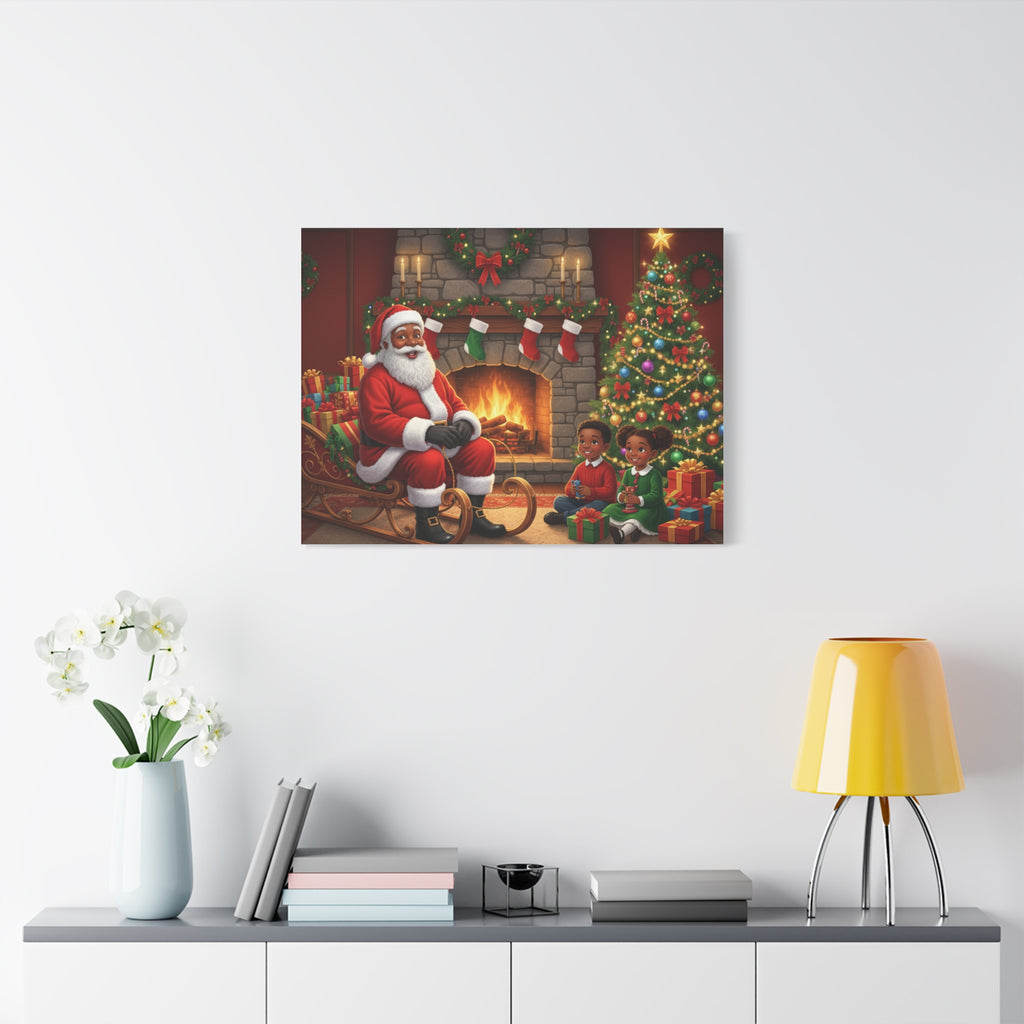 Christmas Santa Visit Canvas — Kids by the Fireplace Holiday Wall Art