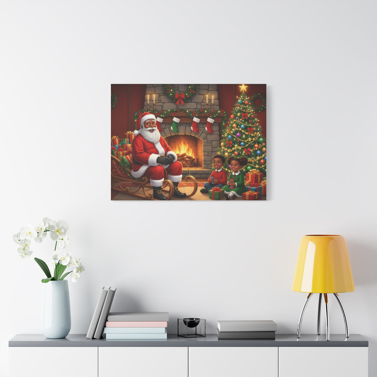 Christmas Santa Visit Canvas — Kids by the Fireplace Holiday Wall Art