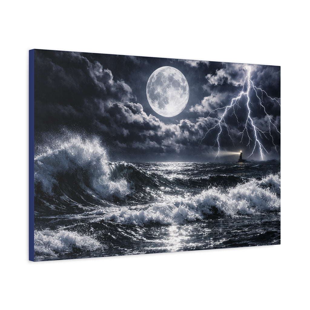 Stormy Moonlit Ocean Canvas Print — Dramatic Lighthouse Wall Art