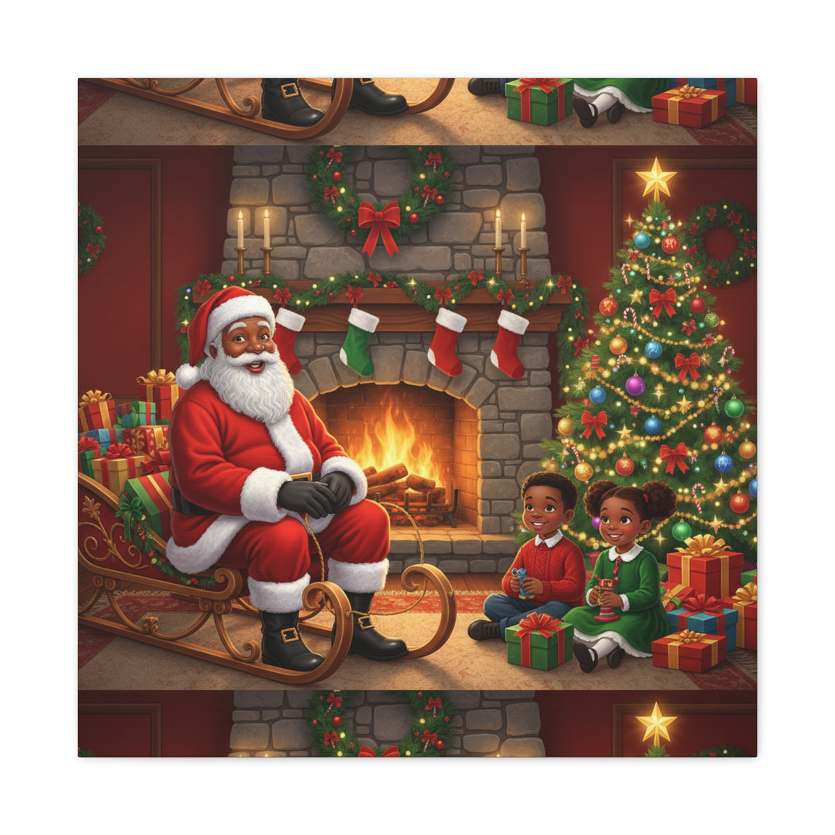 Christmas Santa Visit Canvas — Kids by the Fireplace Holiday Wall Art