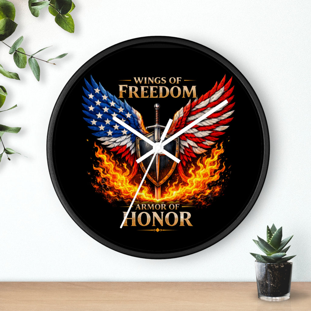 Wall Clock — Wings of Freedom Armor of Honor Patriotic American Eagle Flame Clock