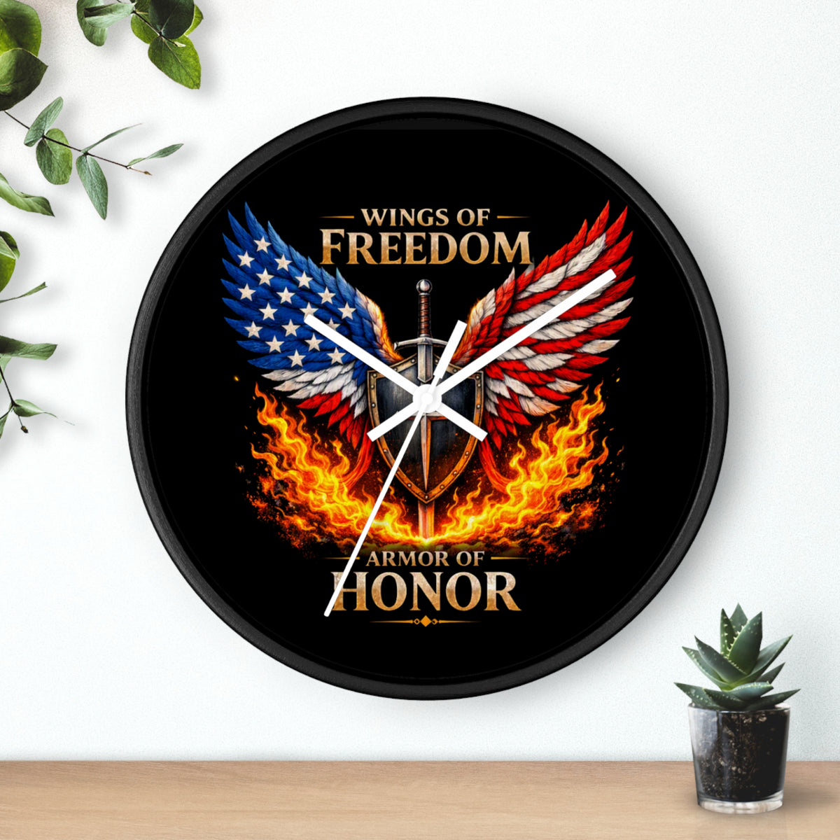 Wall Clock — Wings of Freedom Armor of Honor Patriotic American Eagle Flame Clock