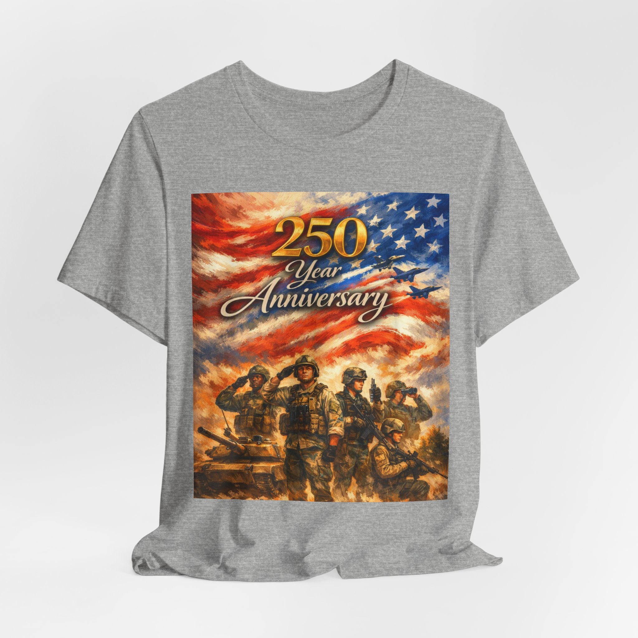 250 Year Anniversary Patriotic T-Shirt — American Flag & Soldiers Tribute
