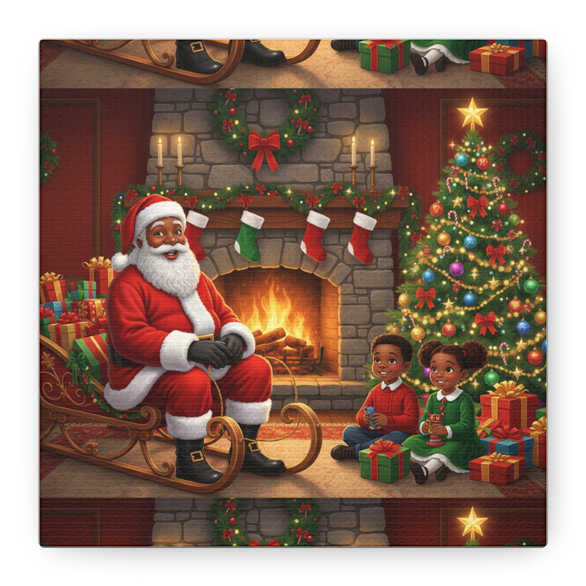 Christmas Santa Visit Canvas — Kids by the Fireplace Holiday Wall Art
