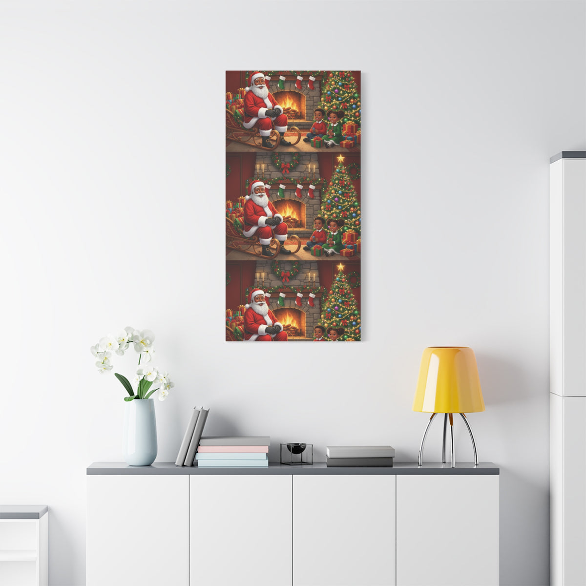 Christmas Santa Visit Canvas — Kids by the Fireplace Holiday Wall Art