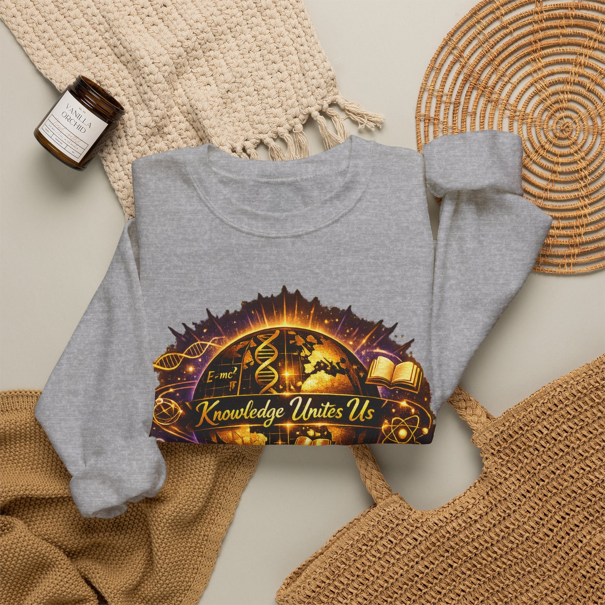 Crewneck Sweatshirt — 'Knowledge Unites Us' Cosmic Book & Community Graphic