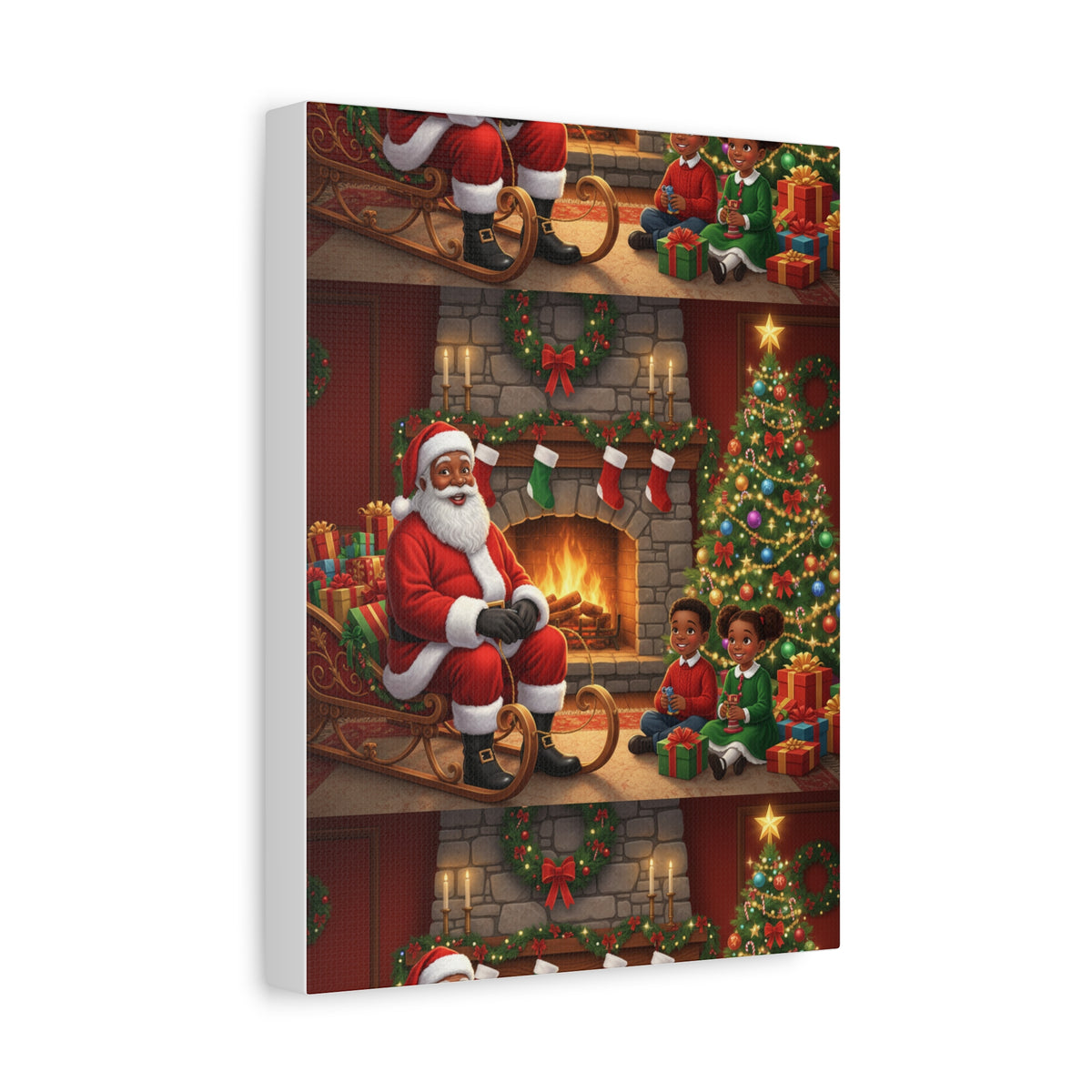 Christmas Santa Visit Canvas — Kids by the Fireplace Holiday Wall Art