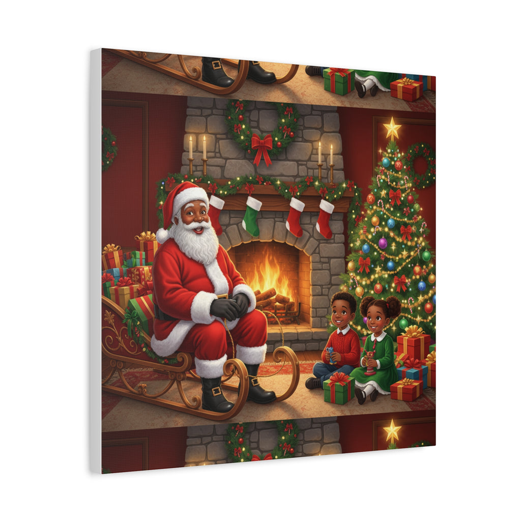 Christmas Santa Visit Canvas — Kids by the Fireplace Holiday Wall Art