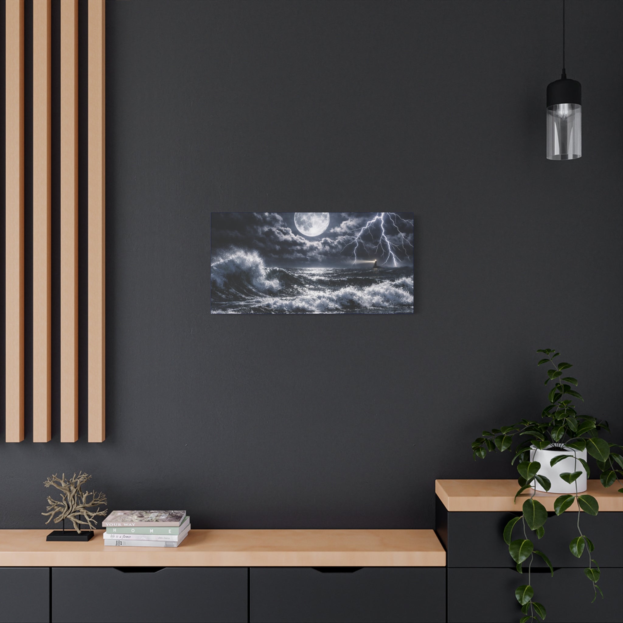 Stormy Moonlit Ocean Canvas Print — Dramatic Lighthouse Wall Art