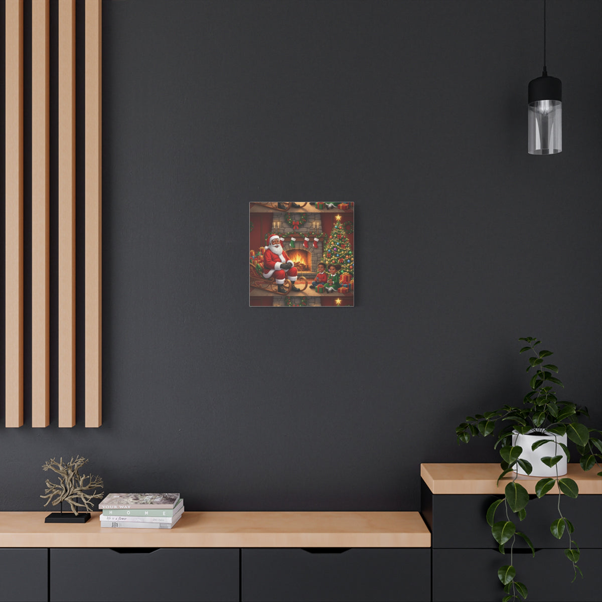 Christmas Santa Visit Canvas — Kids by the Fireplace Holiday Wall Art