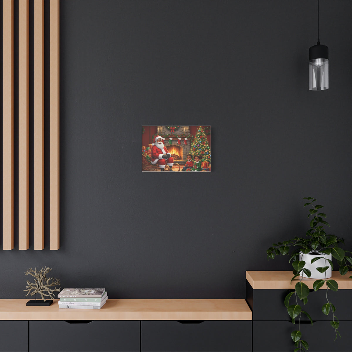 Christmas Santa Visit Canvas — Kids by the Fireplace Holiday Wall Art