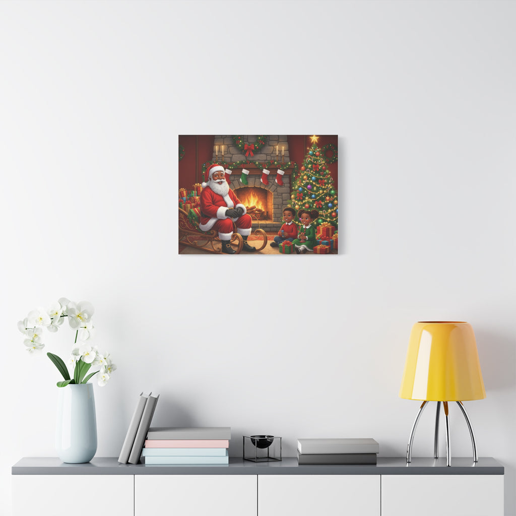 Christmas Santa Visit Canvas — Kids by the Fireplace Holiday Wall Art