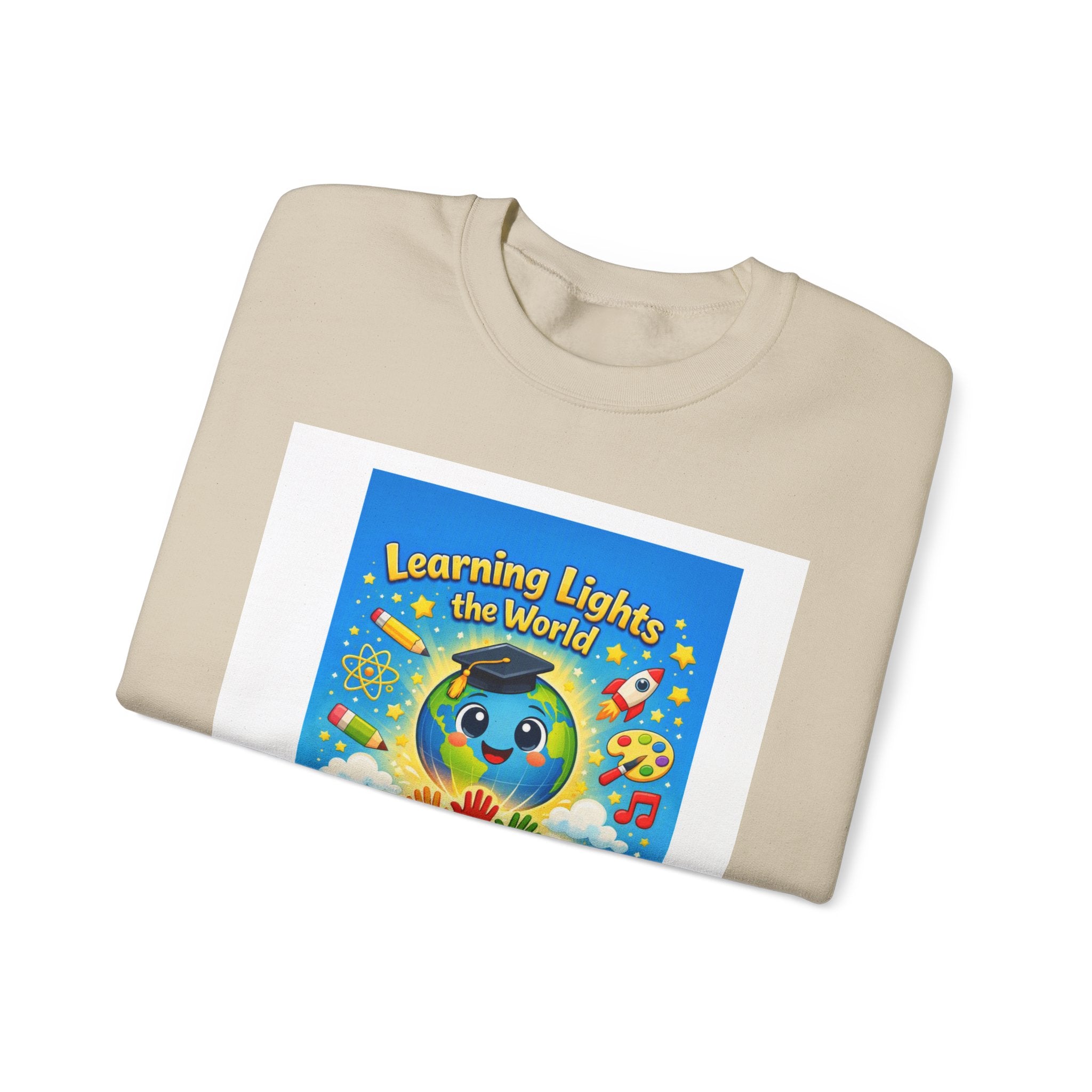 Crewneck Sweatshirt — "Learning Lights the World" Cute Graduation Earth Character Kids Educator Gift