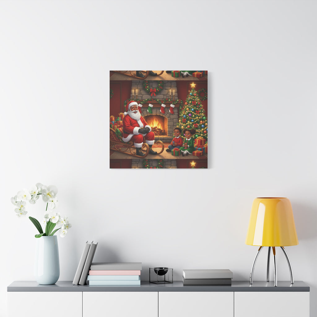 Christmas Santa Visit Canvas — Kids by the Fireplace Holiday Wall Art