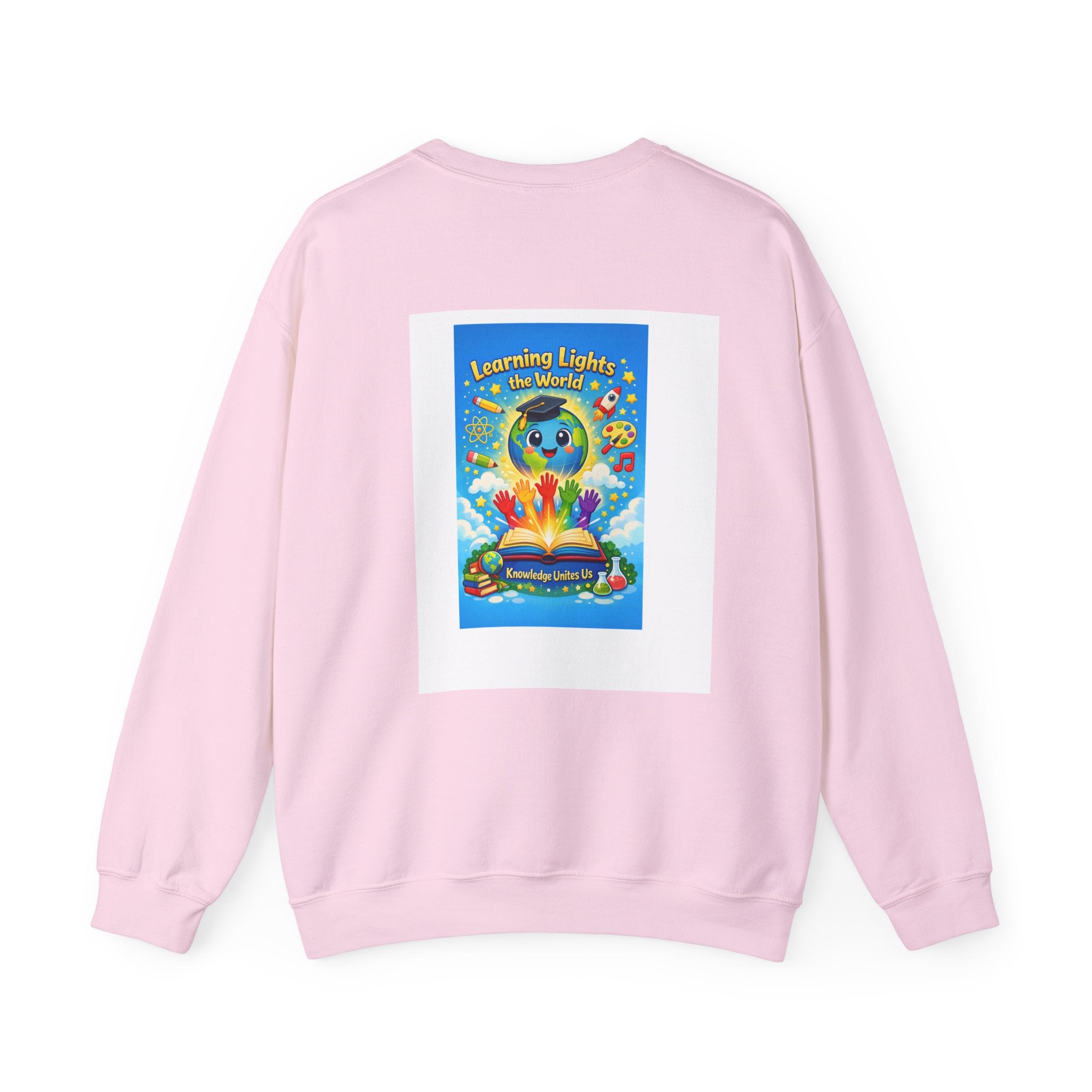 Crewneck Sweatshirt — "Learning Lights the World" Cute Graduation Earth Character Kids Educator Gift