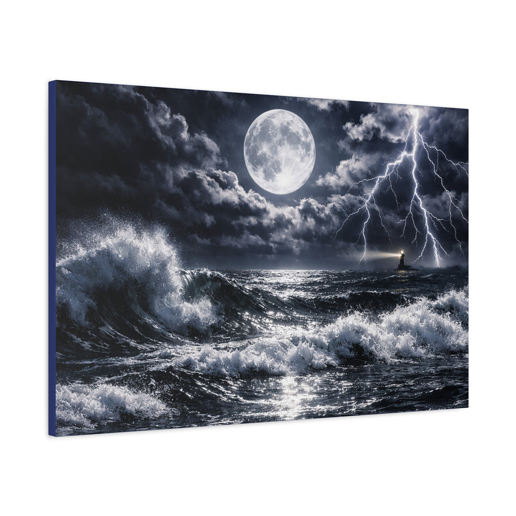 Stormy Moonlit Ocean Canvas Print — Dramatic Lighthouse Wall Art