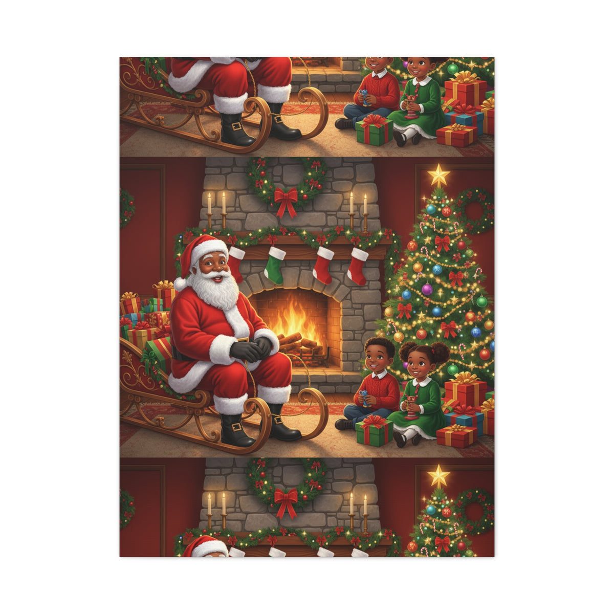 Christmas Santa Visit Canvas — Kids by the Fireplace Holiday Wall Art