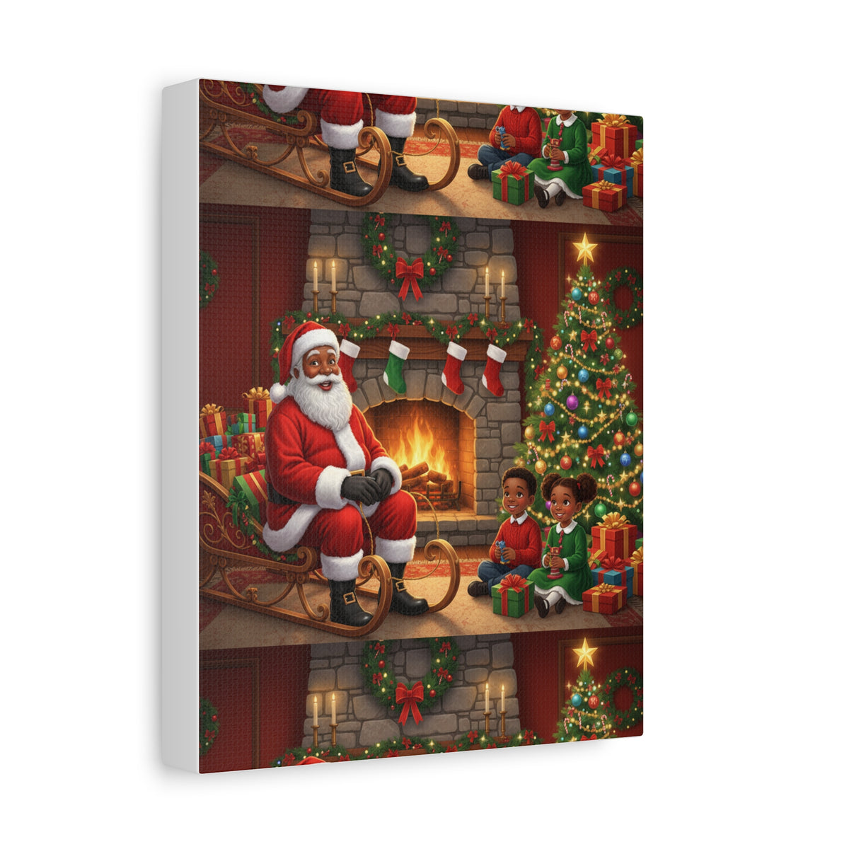 Christmas Santa Visit Canvas — Kids by the Fireplace Holiday Wall Art