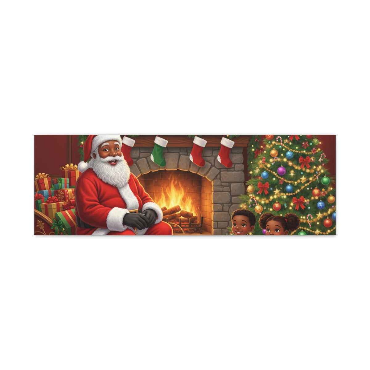 Christmas Santa Visit Canvas — Kids by the Fireplace Holiday Wall Art